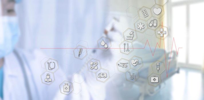 Medicine doctor with stethoscope in hand hold syringe icon medical network connection on virtual screen interface. Modern medical technology and innovation concept. Medical and health concept
