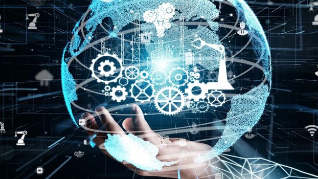 Futuristic industry 4.0 and inventive mechanized engineering concept with graphic user interface showing automation design, robot operation, usage of machine deep learning for future manufacturing.