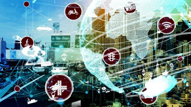 Smart transport technology concept for future car traffic on newish city road . Virtual intelligent system makes digital information analysis to connect data of vehicle on city street .