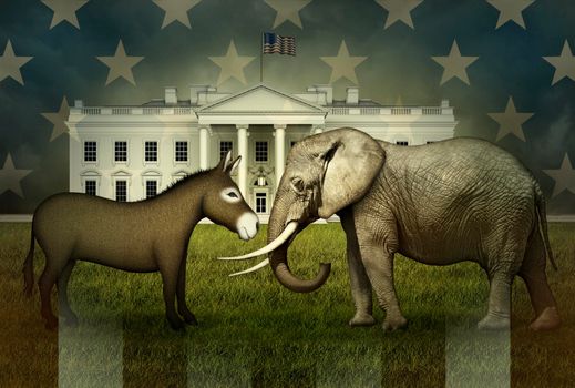 U.S. Stars and Stripes overlay a Democrat Donkey and Republican Elephant facing each other, ready for battle, on the North Lawn of the White House.  3D Illustration
