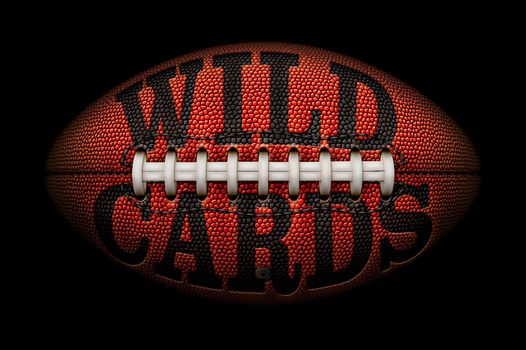 Football against a black background with WILD CARDS embossed onto it. 3D Illustration