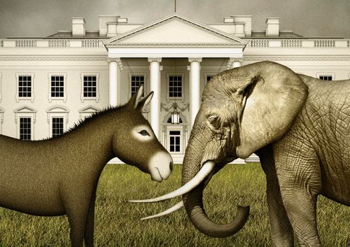 Digital illustration of a democrat donkey face to face with a republican elephant.