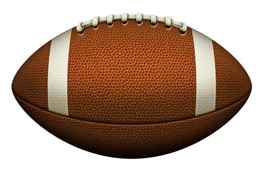 An American football with white stripes, laces located at the extreme top, and interior of the ball blank to add copy if desired. Also isolated from the background.