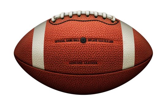 An american football with the typical white stripes, air valve, and the laces positioned at top; Isolated from the background. Includes a clipping path.