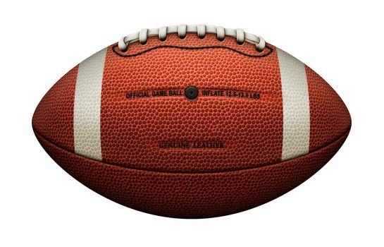 An american football with the typical white stripes, air valve, and the laces positioned at top; Isolated from the background. Includes a clipping path.