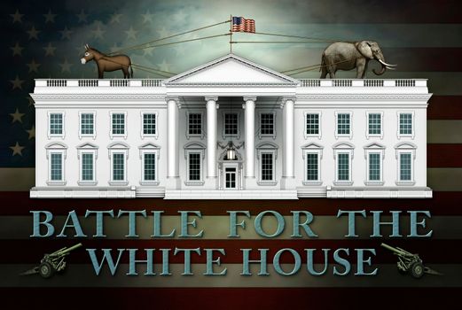 Banner titled Battle For The White House includes U.S. Flag as  the background, two Artillery guns, the White House, and a tug of war between a donkey and an elephant. 3D Illustration