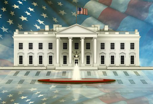 South view of the White House, with fountain. The United States flag fills the sky and is reflected on the ground in front. 3D Illustration