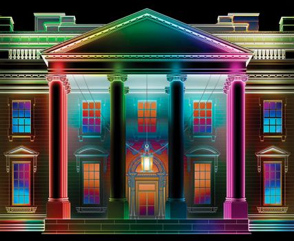 North view of the White House at night, lit up and colored in a wide array of colors. 3D Illustration