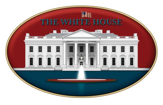 Digital illustration of the north view of the White House, the rose garden , and fountain – set in a red and blue iconic design. 3D Illustration