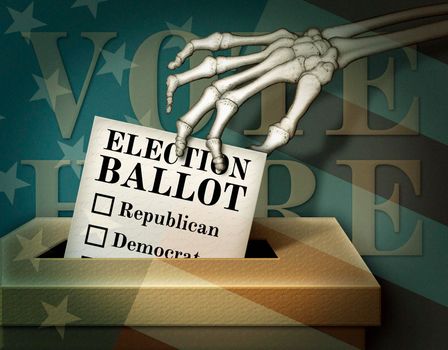 A skeleton hand dropping a ballot into a slotted ballot box. U.S. Stars and Stripes overlay the entire scene. 3D Illustration