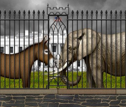 Donkey and Elephant ready for battle, behind the fence, on the south lawn in front of the White House . 3D Illustration