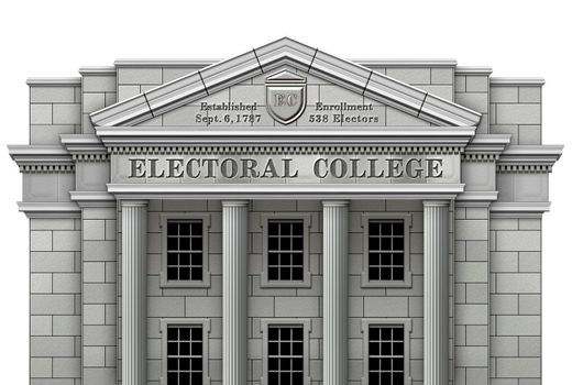 Electoral College system presented as a real physical college building. 3D and Photo Illustration