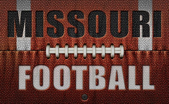 The words, Missouri Football, embossed onto a football flattened into two dimensions. 3D Illustration