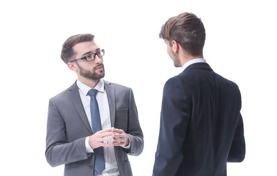 in full growth. business partners are discussing something. isolated on white background