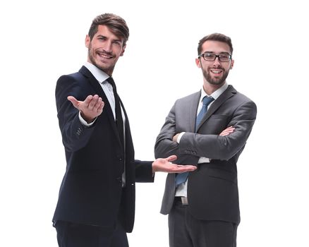 in full growth. two businessmen standing together. isolated on white background.