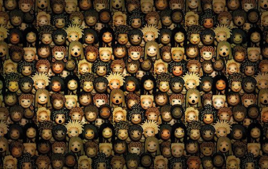 Multiracial kid’s heads are placed side by side, filling the entire image. 3D Illustration