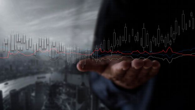 Businessman show stock market bar chart grow up to target. Business finance concept. Businessman's hands Show success graph, stocks grow every year 