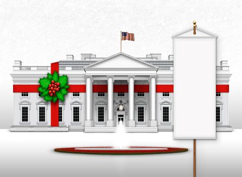 The White House wrapped in red ribbon and holly, set in a almost pure white, snowy sky and ground. 3D Illustration