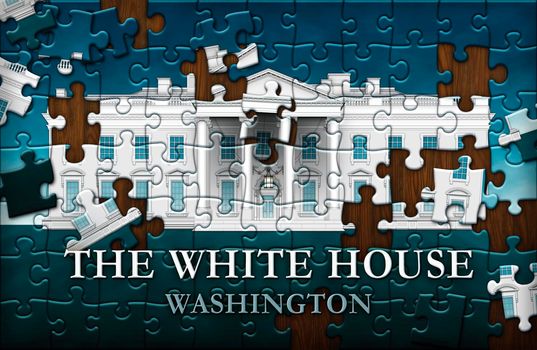 Unfinished  Puzzle of the north view of the White House against a bluy sky with the words, THE WHITE HOUSE, WASHINGTON.  3D Illustration