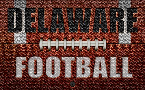 The words, Delaware Football, embossed onto a football flattened into two dimensions. 3D Illustration