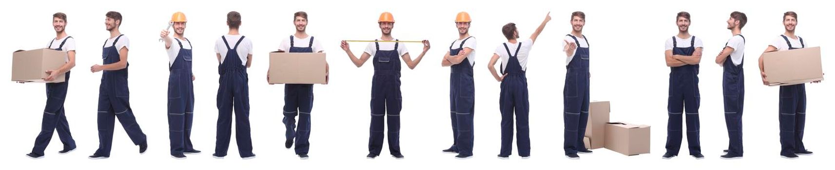 panoramic collage of skilled handyman isolated on white background.