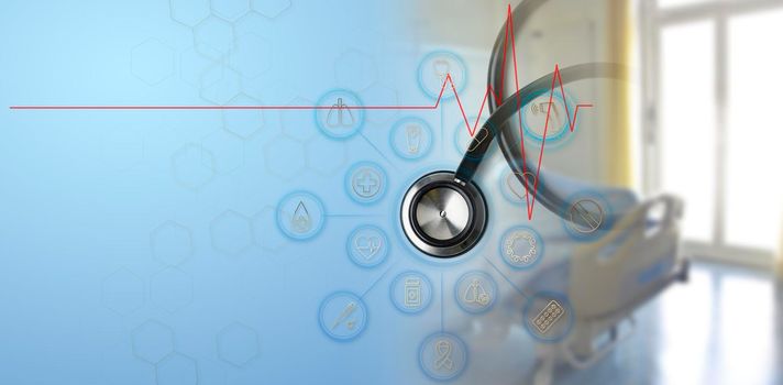 Medical technology telemedicine health insurance virtual hospital concept. Top view stethoscope with health icon medical network connection with icon modern virtual screen interface and hospital room