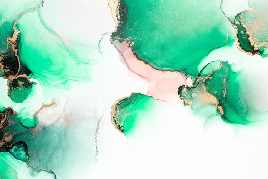 Green gold abstract background of marble liquid ink art painting on paper . Image of original artwork watercolor alcohol ink paint on high quality paper texture .