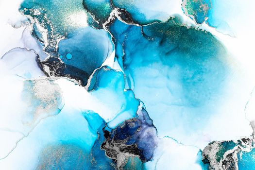 Blue silver abstract background of marble liquid ink art painting on paper . Image of original artwork watercolor alcohol ink paint on high quality paper texture .