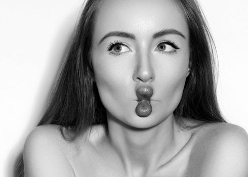 Funny Fish Lips Face with Exprissive Emotions. Beautiful Model with Sexy Fishlips. Black and White Photo. Comic style for selfie