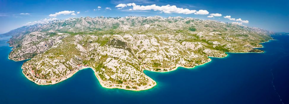 Velebit mountain aerial panoramic view near village of Tribanj, scenic Adriatic sea coastline of Croatia