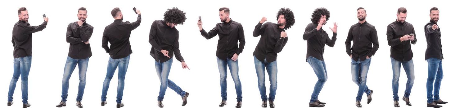 photo collage of a modern young man with a smartphone. isolated on a white background