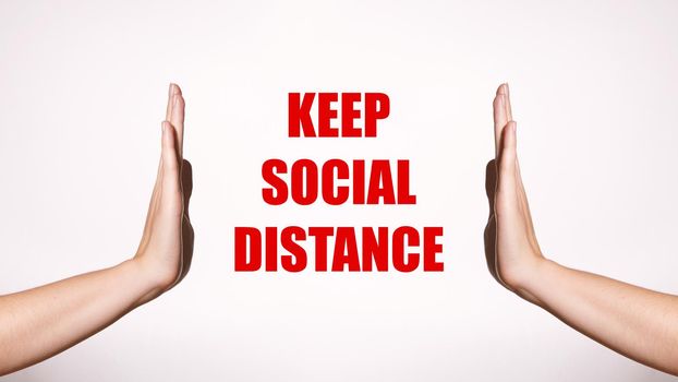 Keep Social Distance. Distancing and Contact-less Greetings. Health Care Poster. Two Hands Gesture Limit Safe Distance. Public Health Concept