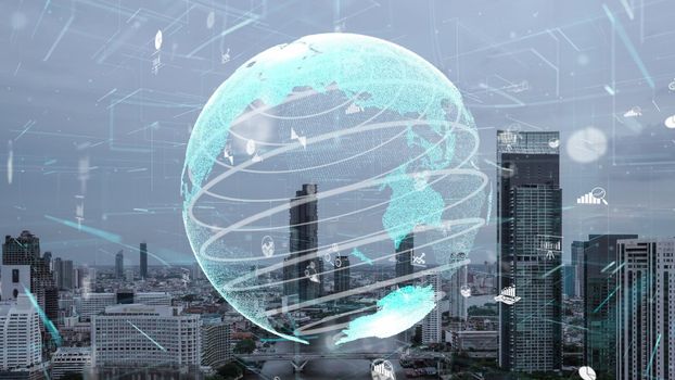 Global connection and the internet network alteration in smart city . Concept of future wireless digital connecting and social media networking .