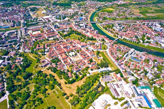 Historic town of Karlovac aerial panoramic view, central Croatia
