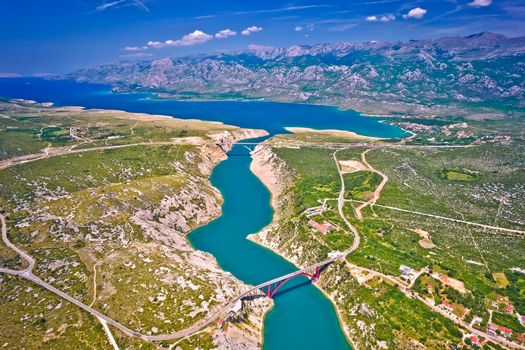 Bridges of Maslenica and Velebit mountain aerial view, Dalmatia region of Croatia