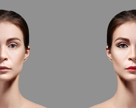Beautiful Young Woman Before and After Makeup. Comparison Portrait of Two Parts of Face. Girl with and without Make-up.