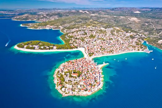 Adriatic tourist town of Primosten aerial panoramic archipelago view, Adriatic sea, Dalmatia region of Croatia