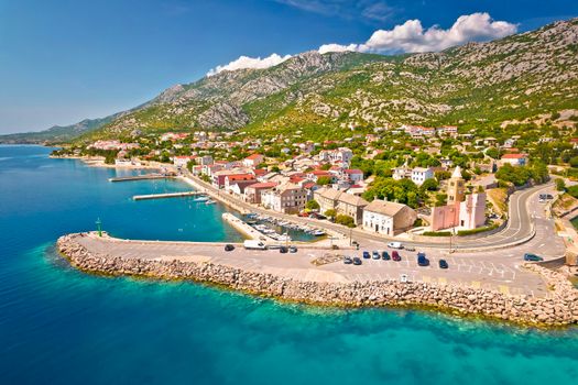 Aerial panoramic view of Karlobag waterfront and turquoise sea, Primorje and Lika coastal region of Croatia