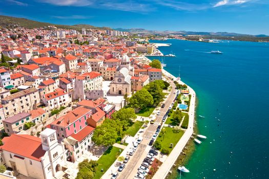 Sibenik waterfront and st. James cathedral aerial view, UNESCO world heritage site in Dalmatia region of Croatia