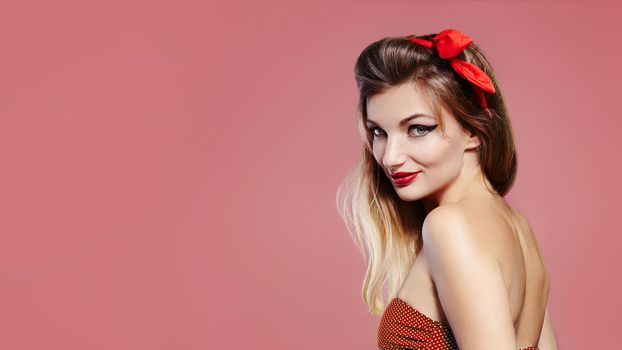 Sexy American Style Pinup Girl. Glamour Retro Make-up with Red Lipstick on Lips. Playful Look for Celebrate Valentines Day