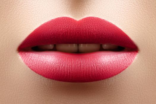 Beautiful Woman Lips with Red Fashion Lipstick Makeup. Cosmetic, Fashion Make-Up Concept. Beauty Lip Visage. Passionate kiss. Female Sexy Mouth