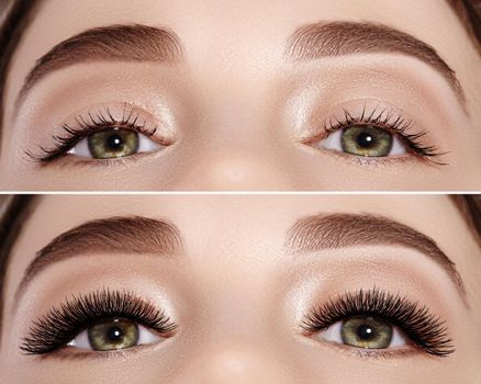 Commercial beauty college of before and after eyelash extensions. Perfect shape of eyebrows, extreme long eyelashes. Closeup macro shot of fashion eyes visage