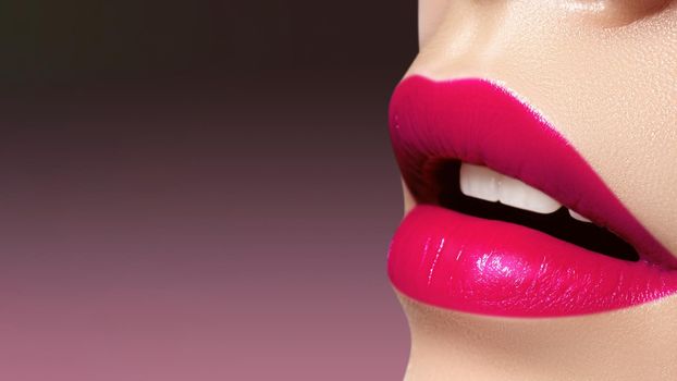 Beautiful Bright Fashion Make-up on Full Lips. Trend Pink Lip Makeup. Vivid shiny Lipgloss. Valentines Day Style Makeup. Gloss Lipstick