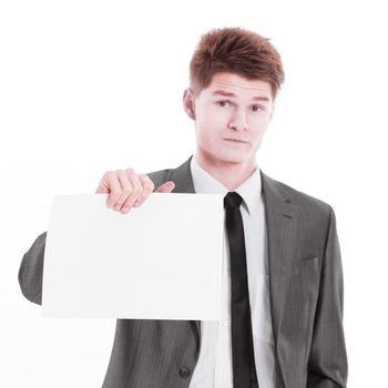 young businessman showing a blank sheet.isolated on a white background