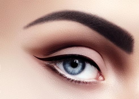 Closeup Macro of Sexy Woman Eyes with Evening Fashion Make-up. Black Liner and Strong Brows. Retro Diva Style Eye Makeup. Cinematic Look