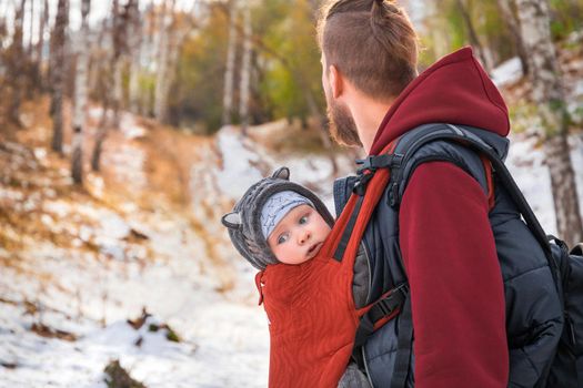 Babywearing autumn walk of a father and his little child in a sling.