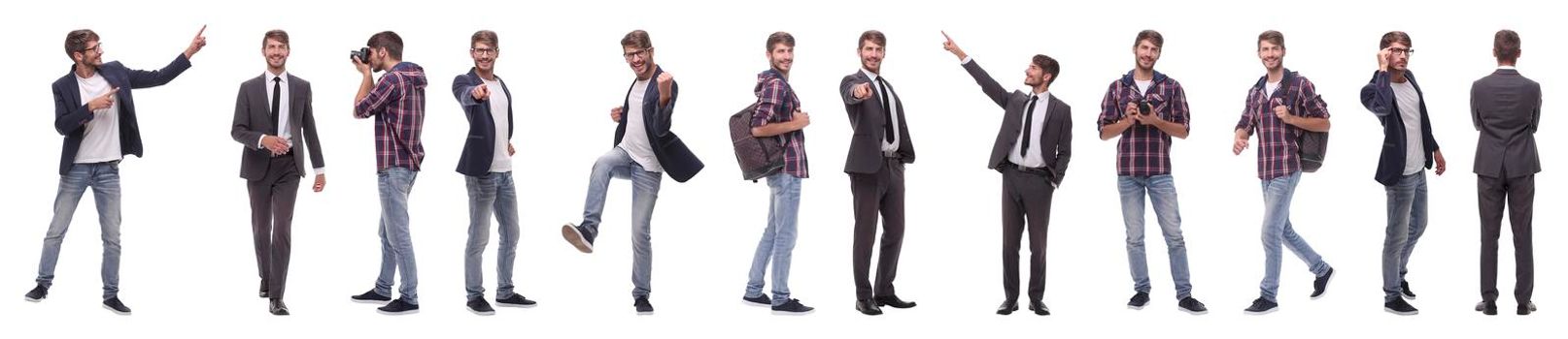 panoramic collage of self-motivated young man .isolated on white background