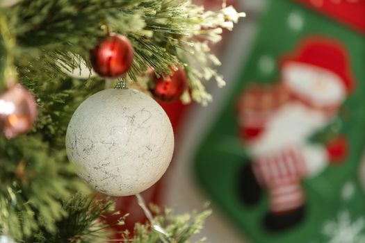 Close up of balls on christmas tree. New Year concept