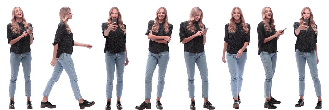 photo collage of a modern young woman with a smartphone. isolated on a white background