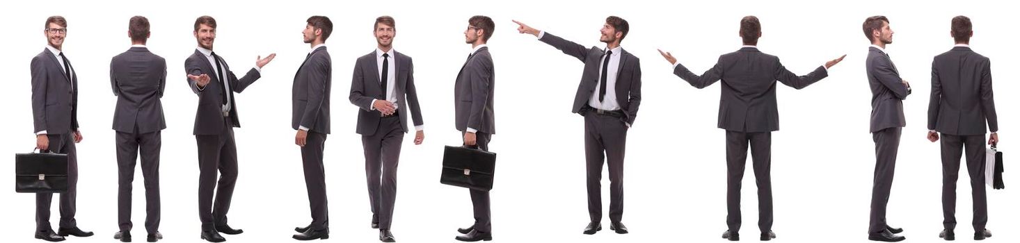 panoramic collage of various photos of a young businessman. isolated on white background.